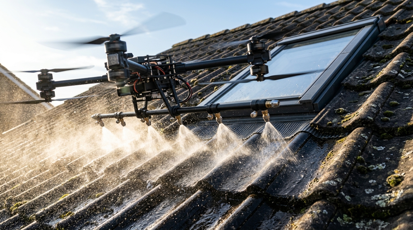 Nettoyage et démoussage de toiture par drone dans le Grand Est 1 Drone appliquant un traitement sur une toiture avec fenêtres de toit