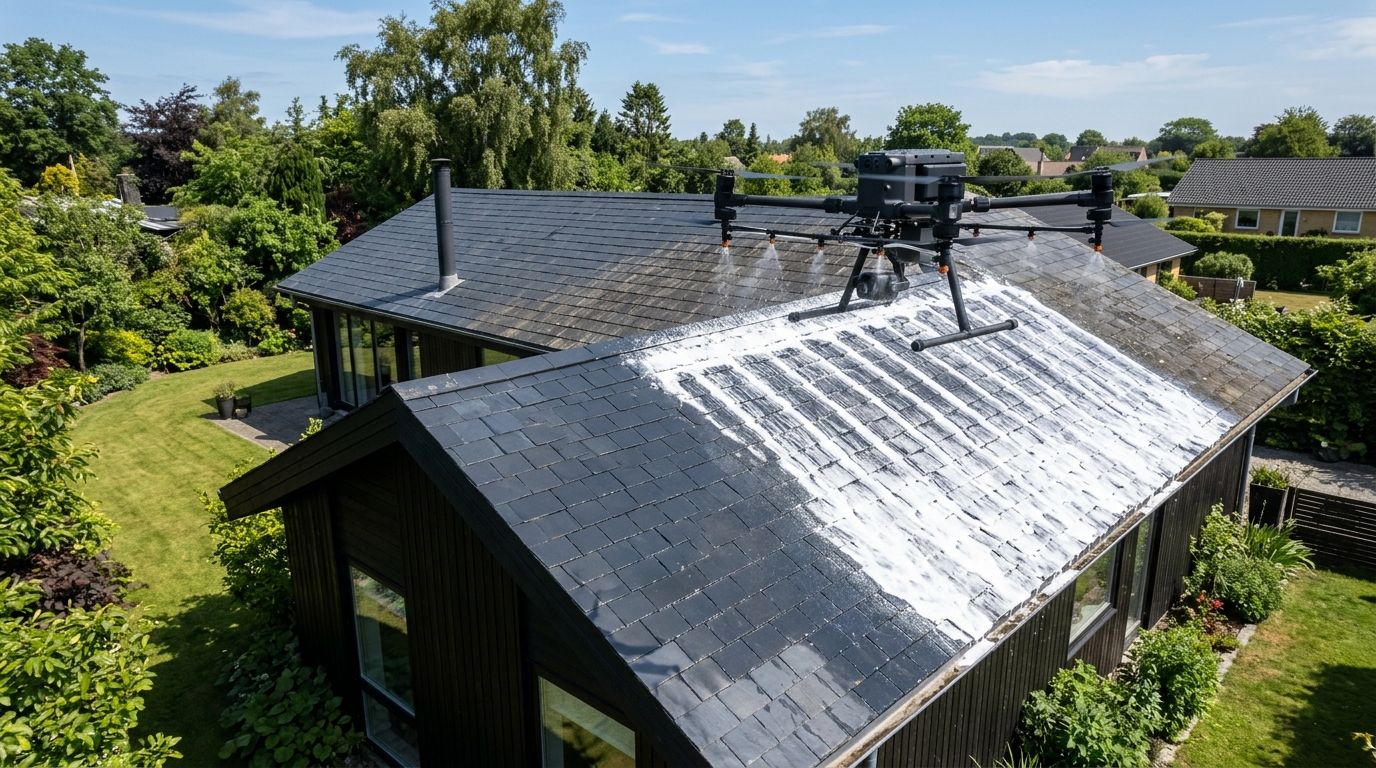 Nettoyage et démoussage de toiture par drone dans le Grand Est 2 Drone appliquant un traitement sur une toiture en ardoise